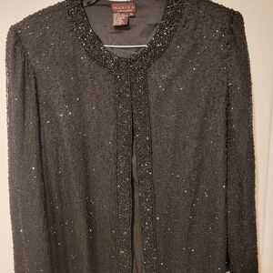 Marina by Marina Bresler 100% Silk Black Beaded Lined Jacket Size XL Vin…